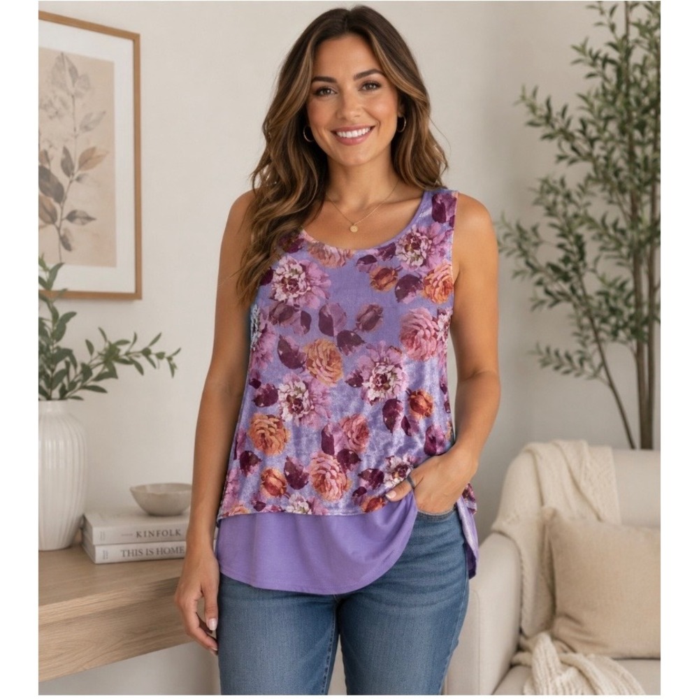 Diane Gilman DG2 Floral Crushed Velvet Women's Layered Tank Top Purple Large NWT